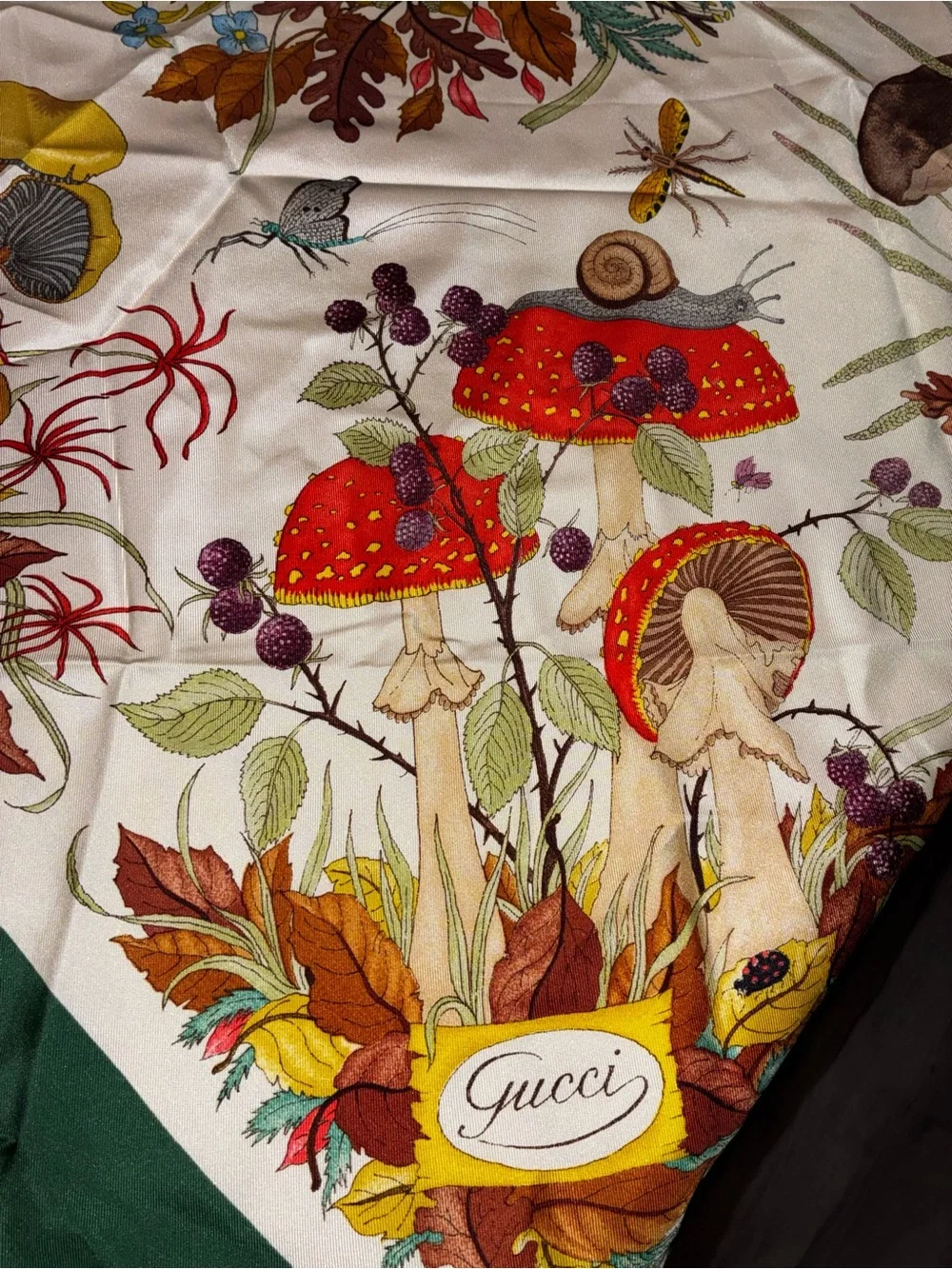 1960’s vintage Gucci Green Botanical Print Silk Scarf, xl 34”